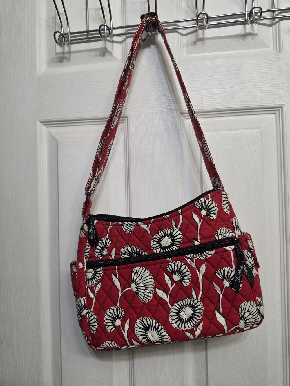 Vera Bradley Red Quilted Floral Shoulder Bag with Black Accents